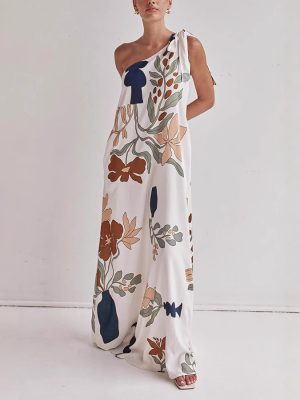 Casual Printed Oblique Shoulder Pocket Dress
