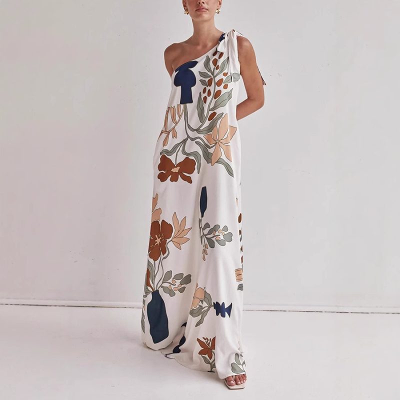Casual Printed Oblique Shoulder Pocket Dress