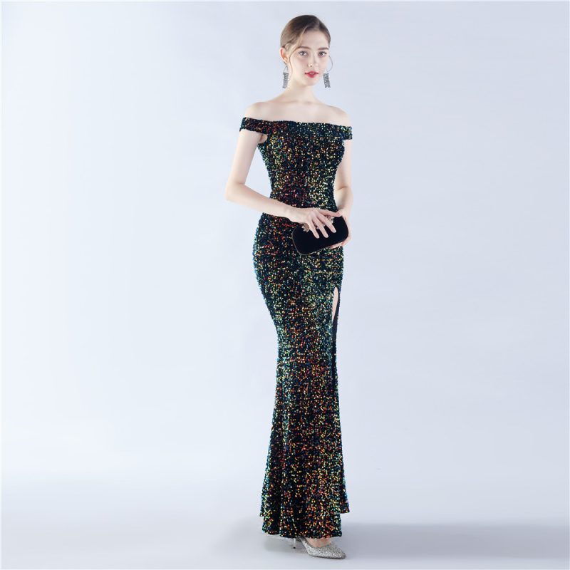 Handmade Velvet Sequin Off-Neck Evening Dress - Image 2
