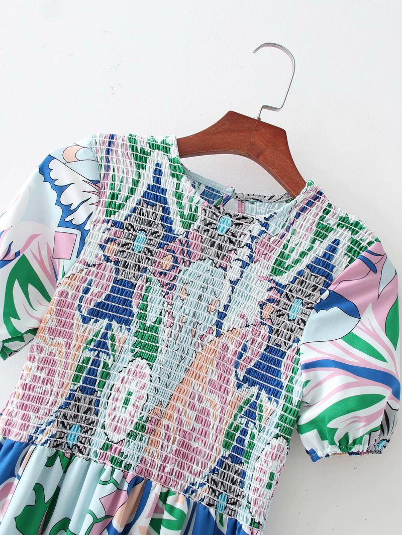 Printed Chest Wrapped Short Sleeve Swing Dress - Image 2
