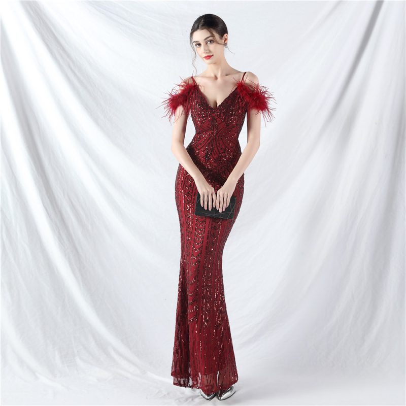 High-End Floral Sequin Ostrich Hair Evening Dress - Image 3