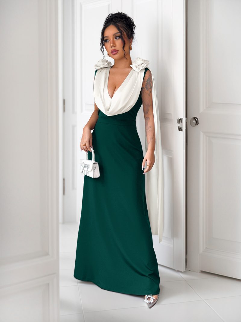 Elegant V-Neck Contrast Sleeveless Party Dress - Image 4