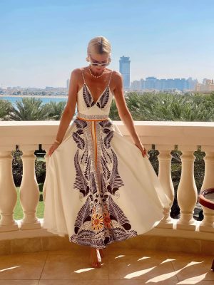 Summer Backless Printed V-Neck Tie Dress