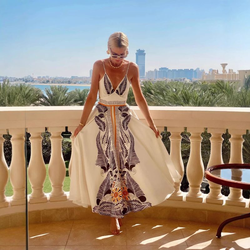 Summer Backless Printed V-Neck Tie Dress