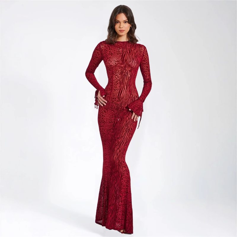 Fall Mesh Leopard Print Backless Maxi Dress