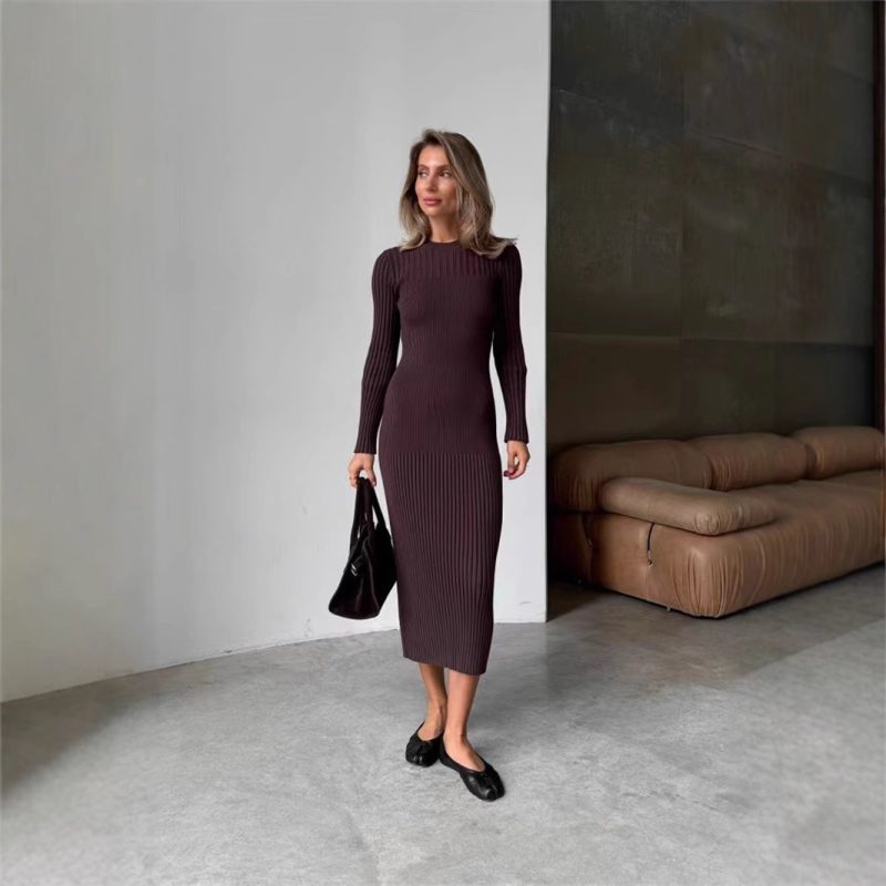 Long Sleeve Knitted Fall Winter Sweater Dress - Image 4