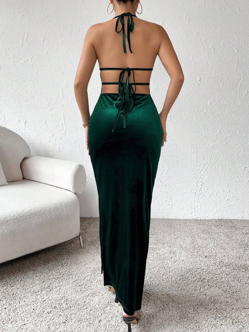 Autumn Winter Slim Fit Velvet Halter Party Dress - Image 4