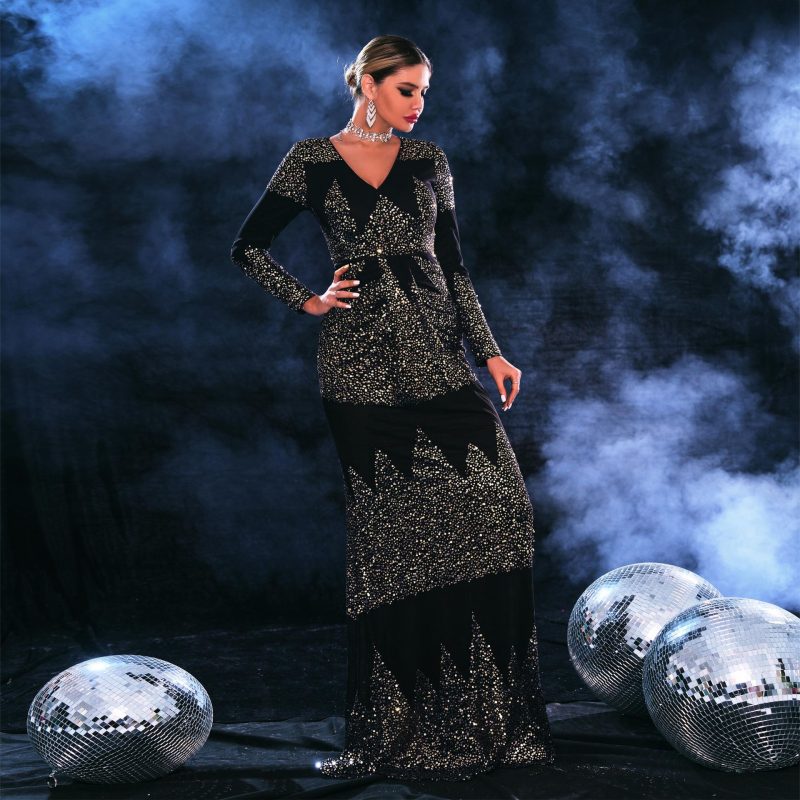 Elegant V-Neck Sequin Long Sleeve Dress - Image 2