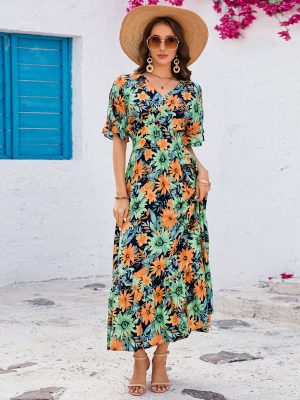 Elegant V-Neck Ruffled Short Sleeve Maxi