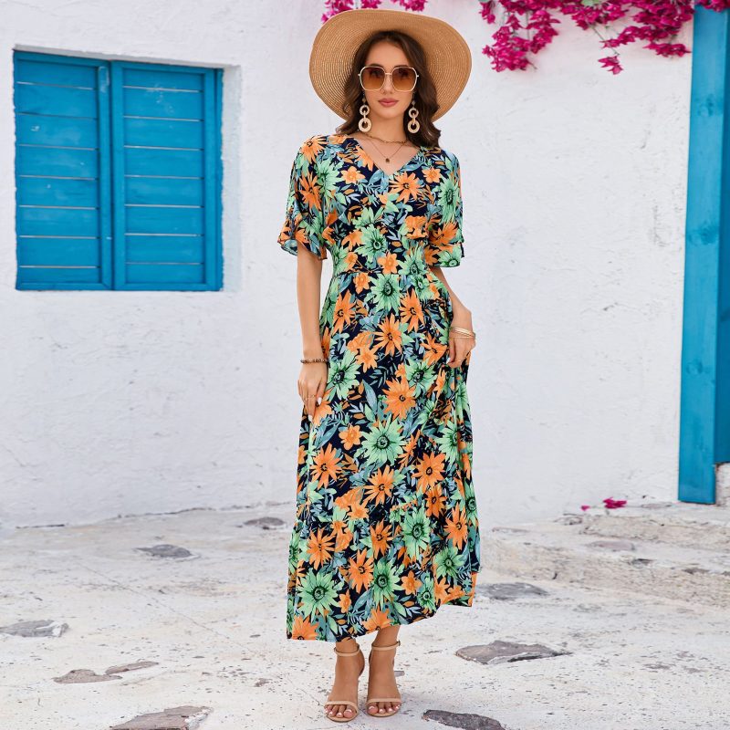 Elegant V-Neck Ruffled Short Sleeve Maxi