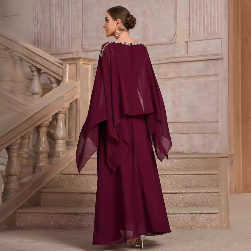 Elegant Chiffon Shawl Sleeve Belted Dress - Image 2