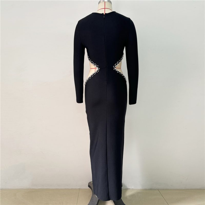 Slim Fit Mesh Diamond Bandage Slit Evening Dress - Image 3