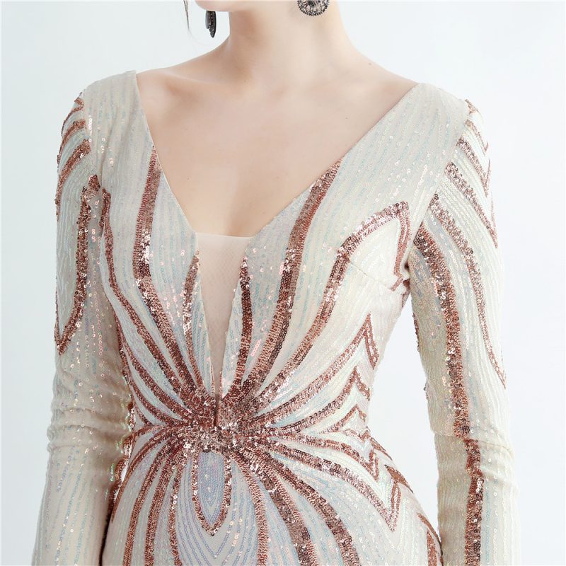 High-End Floral Sequin Ostrich Feather Long Sleeve Dress - Image 4