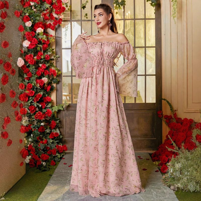 Elegant Floral Off-Shoulder High Slit Dress - Image 3