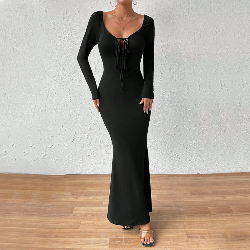 Elegant Lace-Up U-Neck Slim Long Sleeve Maxi Dress - Image 3