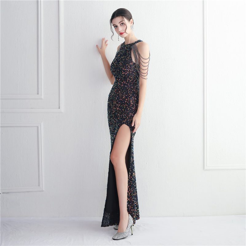 Elegant Beaded Halter Split Cocktail Evening Dress - Image 2