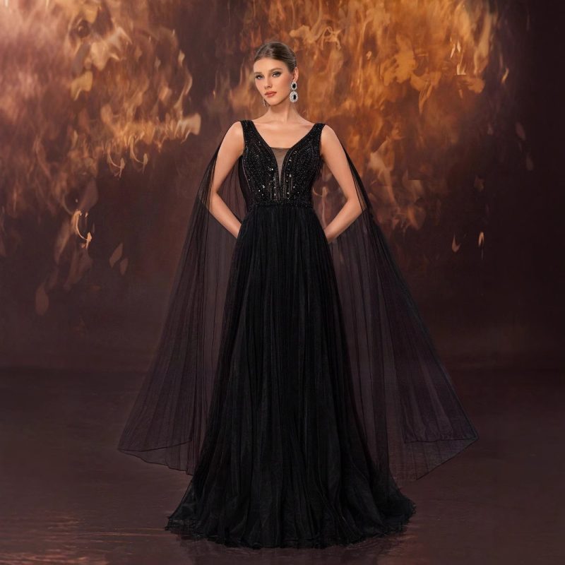 Elegant Handmade Beaded Mesh Wide Hem Maxi