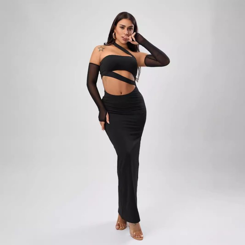 Sexy Angora Red Mesh Halter Wrapped Chest Dress