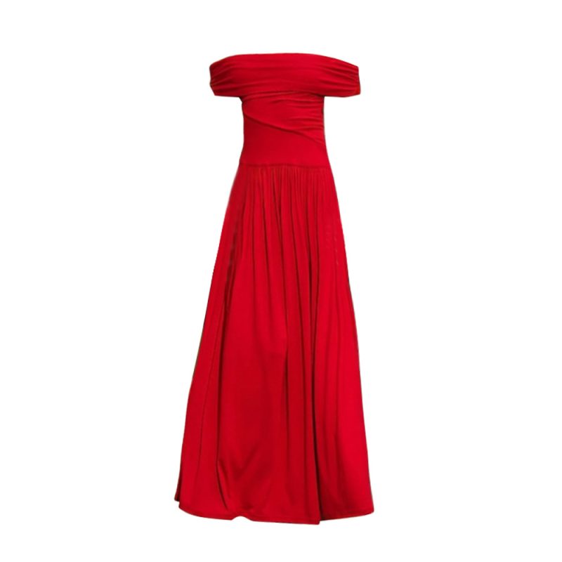 Spring Summer Bright Red Off-Neck Cocktail Dress - Image 4