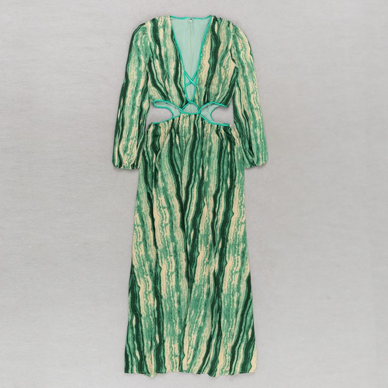 Sexy V-Neck Printed Hollow Out Lantern Sleeve Dress - Image 4