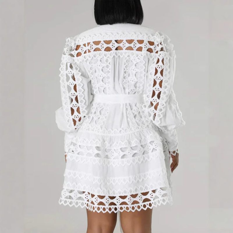 Women’s Lace Stitching Hollow Cutout Shirt Dress - Image 4