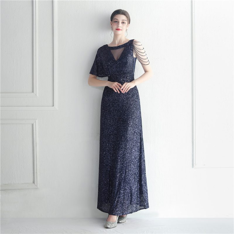 Beaded Ruffle Sleeve Mesh See-Through Evening Dress - Image 2