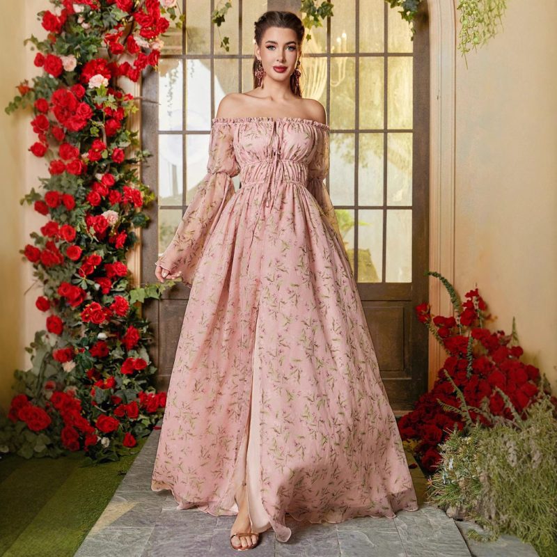 Elegant Floral Off-Shoulder High Slit Dress - Image 2