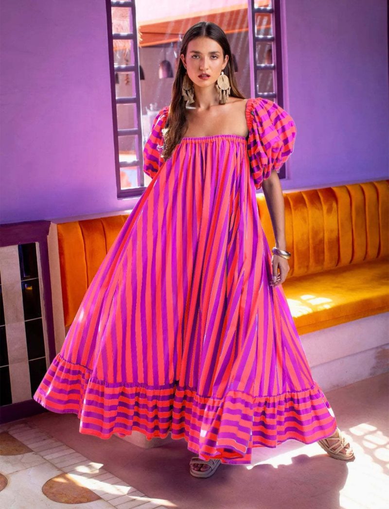 Striped Detachable Puff Sleeve Vacation Dress - Image 4