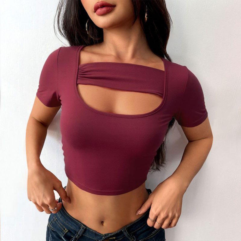 Slim Fit Sexy Purplish Red Cropped Top
