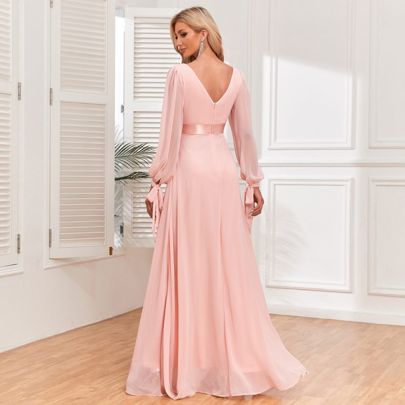 Pink Chiffon Lace-Up V-Neck Evening Dress - Image 2
