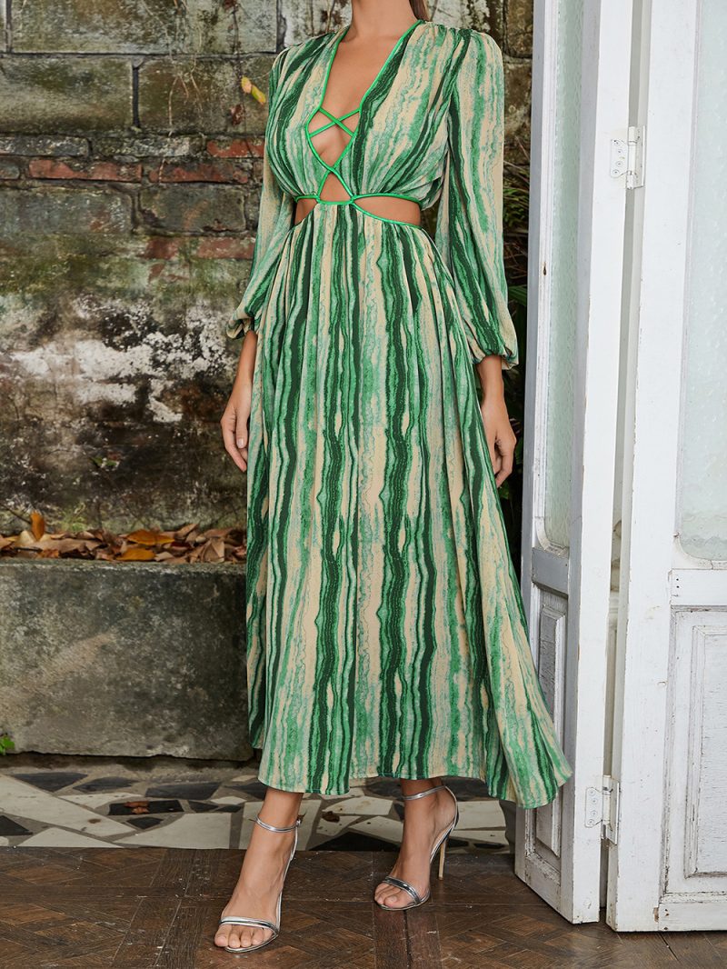Sexy V-Neck Printed Hollow Out Lantern Sleeve Dress - Image 2
