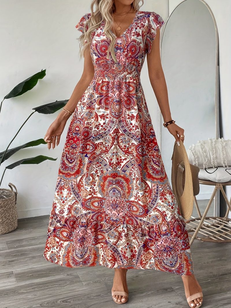 V-Neck Printed Smocked Waist Maxi Dress - Image 3