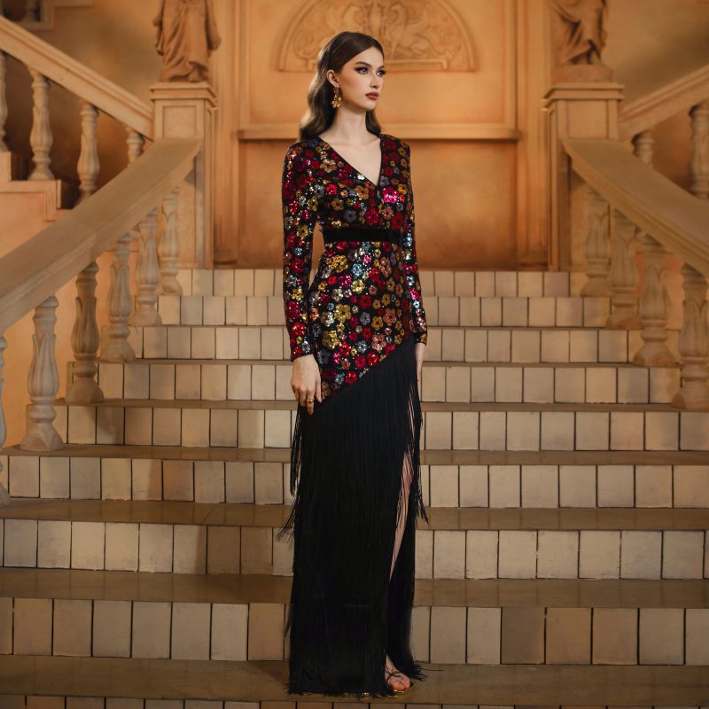 Long Sleeve V-Neck Slim Tassel Sequined Dress - Image 2