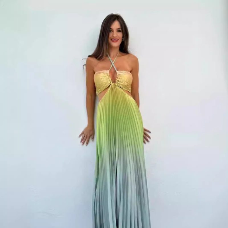 Women’s Summer Gradient Halter Pleated Long Dress - Image 4