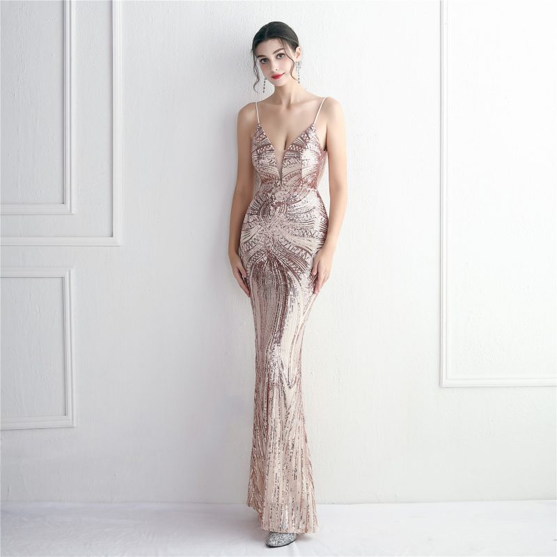 Elegant Floral Beaded Sequined Slim Fit Dress - Image 3