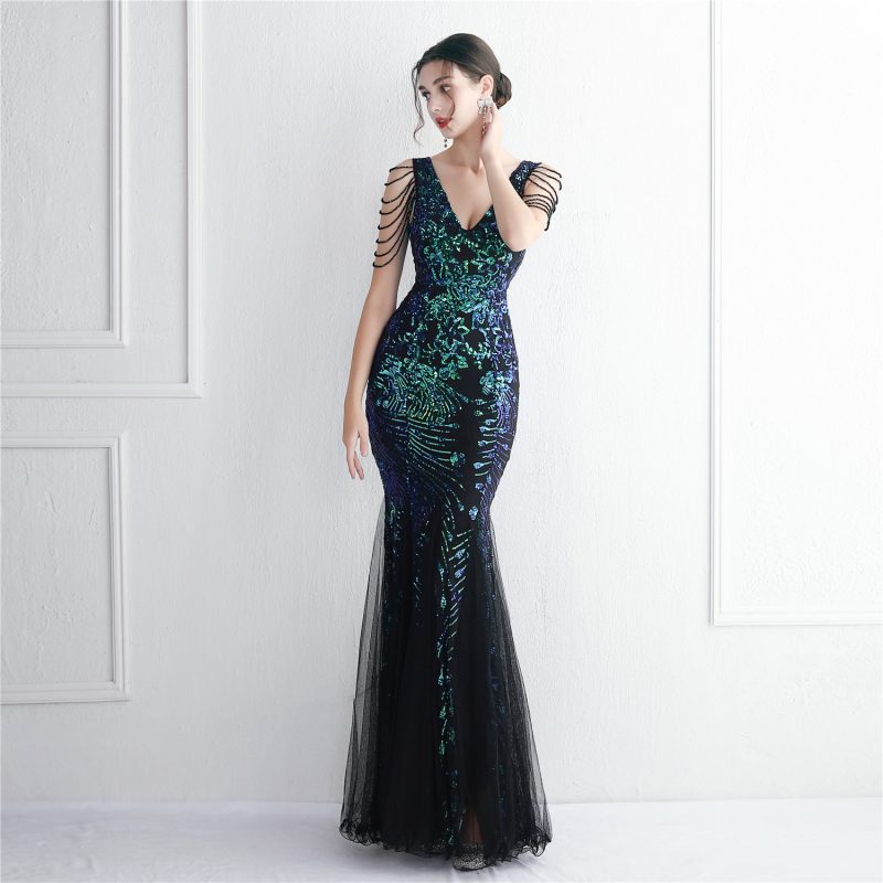 Elegant Sequin Mesh Beaded Fishtail Dress - Image 4