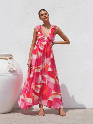 V-Neck Printed Strap Swing Summer Dress Women