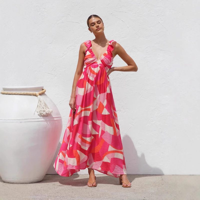 V-Neck Printed Strap Swing Summer Dress Women