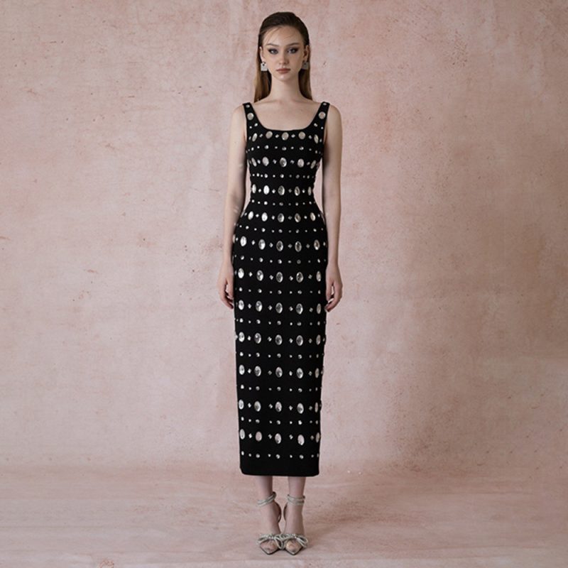 Beaded Sling U-Neck Sleeveless Party Dress