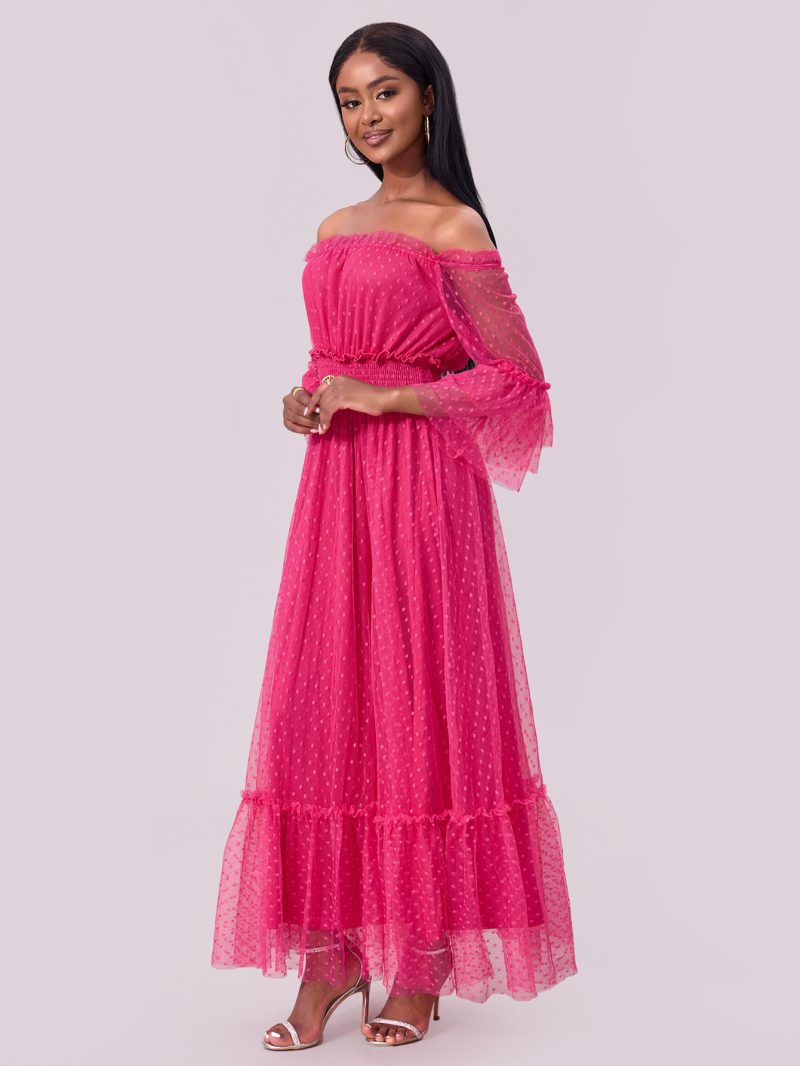 Off Shoulder Mesh Sleeve Wedding Swing Dress - Image 2