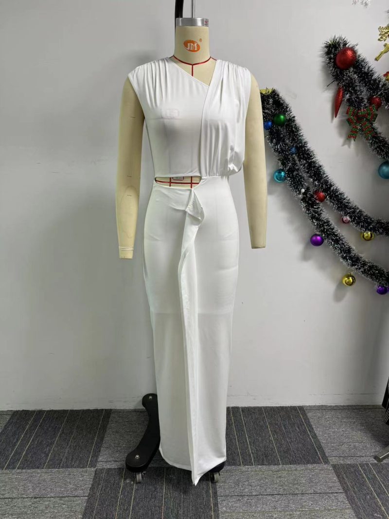Pleated Shoulder Hollow Out Split Sleeveless Dress - Image 4