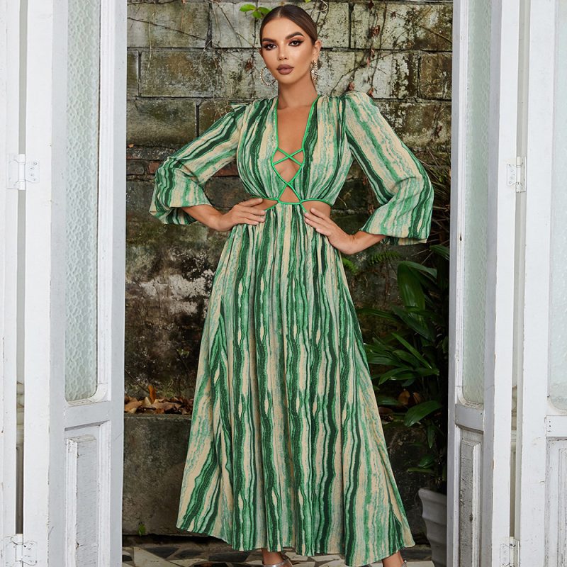 Sexy V-Neck Printed Hollow Out Lantern Sleeve Dress