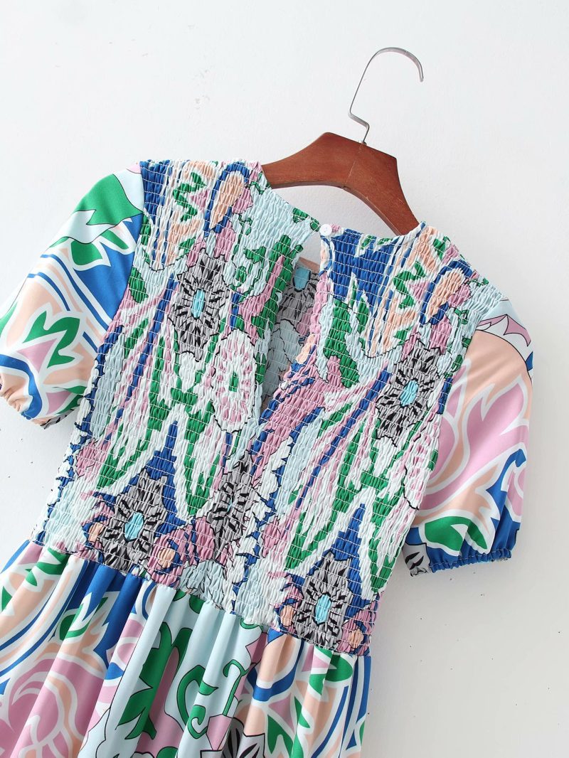 Printed Chest Wrapped Short Sleeve Swing Dress - Image 4