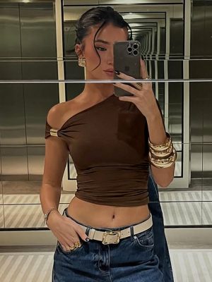 Single Sleeve Solid Pleated Crop T-Shirt Women