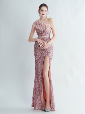 Beaded Ostrich Feather One-Shoulder Evening Dress