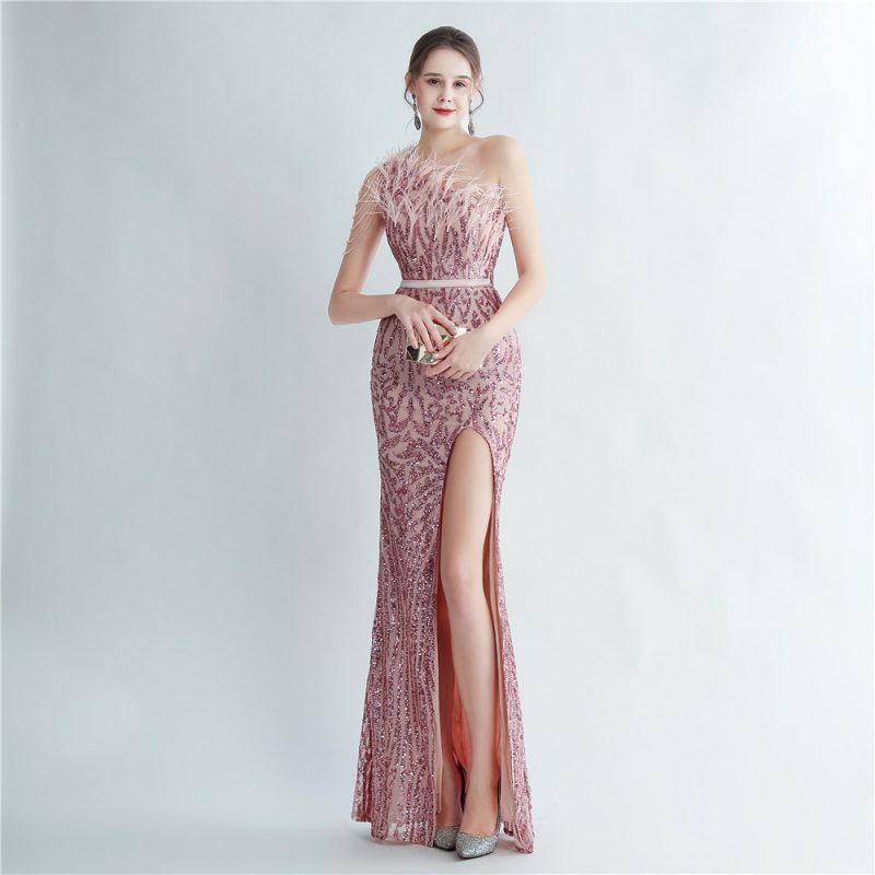Beaded Ostrich Feather One-Shoulder Evening Dress
