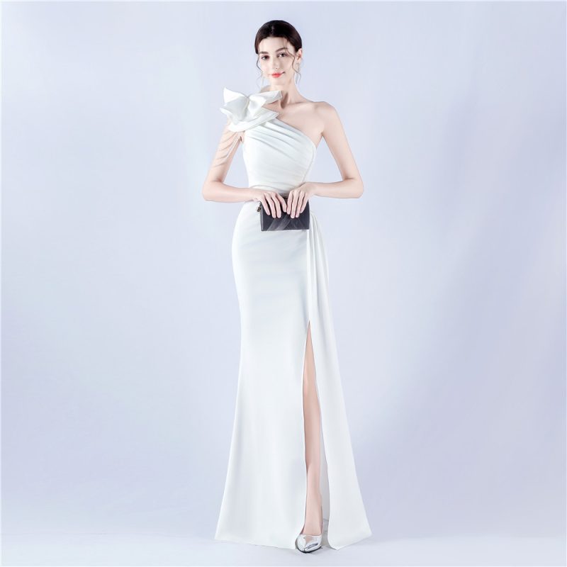 Handmade Beaded Floral Satin Off-Shoulder Evening Dress - Image 3