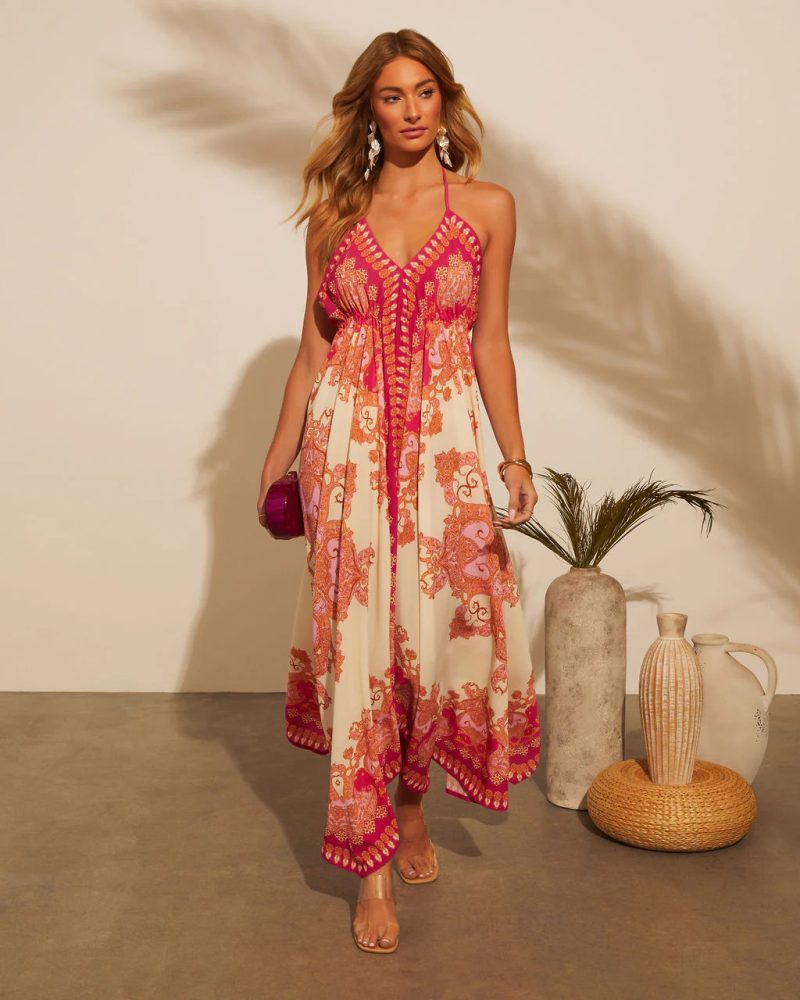 Spring Summer Off-Shoulder V-Neck Floral Spaghetti Strap Dress - Image 3