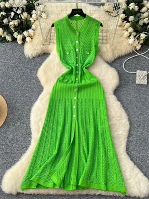 Casual Knit Long Dress V Neck Button Flower Hollow Out