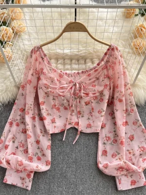 Bohemian Floral Ruched Slim Blouse